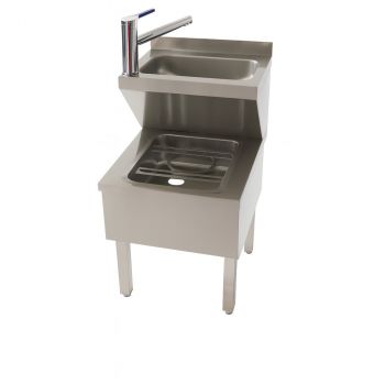 Handwasch- und Ausgussbeckenkombination aus Edelstahl mit Mischbatterie und Ablageblech.