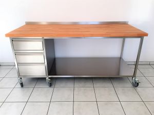 Buchenholztisch AT 013208 aus Edelstahl mit Schubladenblock und Ablageboden mit Rädern