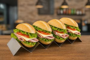 Snackwelle aus Edelstahl mit 4 belegten Brötchen