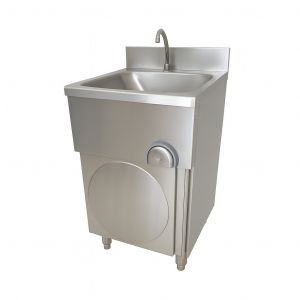 Handwaschbecken mit Kniebedienung aus Edelstahl - Zeitgesteuerte Kniebedienung, mechanischer Timer mit 7 Sekunden, Wasserhahn und Aufkantung.