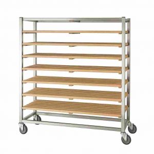 Edelstahl Brotregalwagen ECO für die professionelle Brotlagerung und -präsentation | Mit 8 Buchenholz Auflageböden