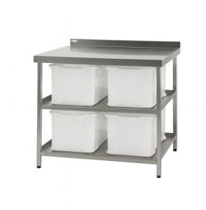 Zutatentisch aus Edelstahl | Serie ZT 050 mit 4 Kunststoffbehälter 54 Liter | Zwei Ablageböden mit einer stabilen Tischplatte