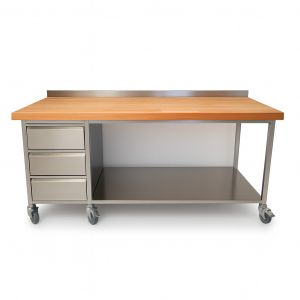 Buchenholztisch AT 013208 aus Edelstahl mit Schubladenblock und Ablageboden mit Rädern