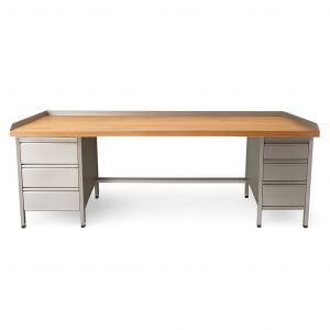 Buchenholztisch AT 013208 aus Edelstahl mit Schubladenblock und Ablageboden mit Rädern