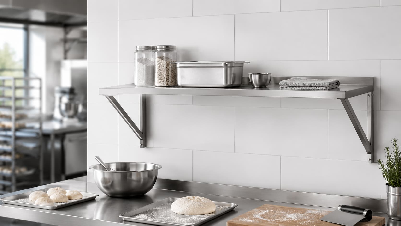 Edelstahl-Wandbord für platzsparende Ablagefläche am professionellen Arbeitsplatz