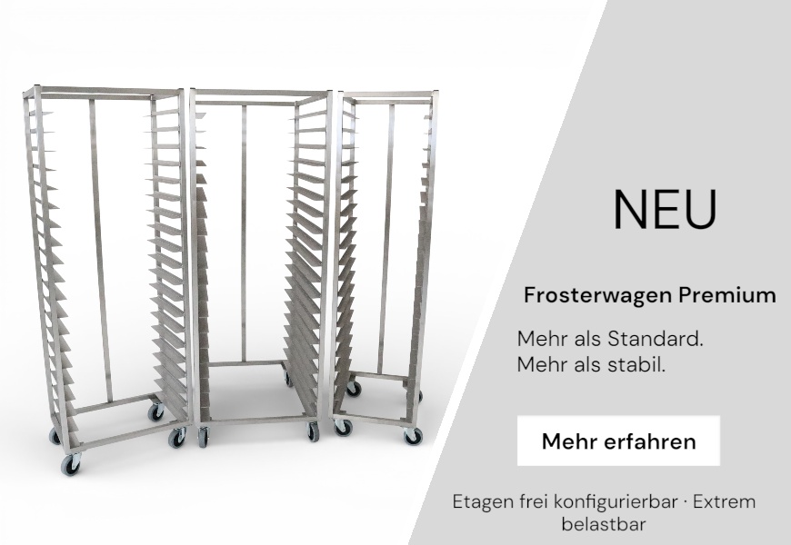 Frosterwagen Premium aus Edelstahl mit frei konfigurierbaren Etagen für Bäckereien und Großküchen – extrem belastbar und stabil
