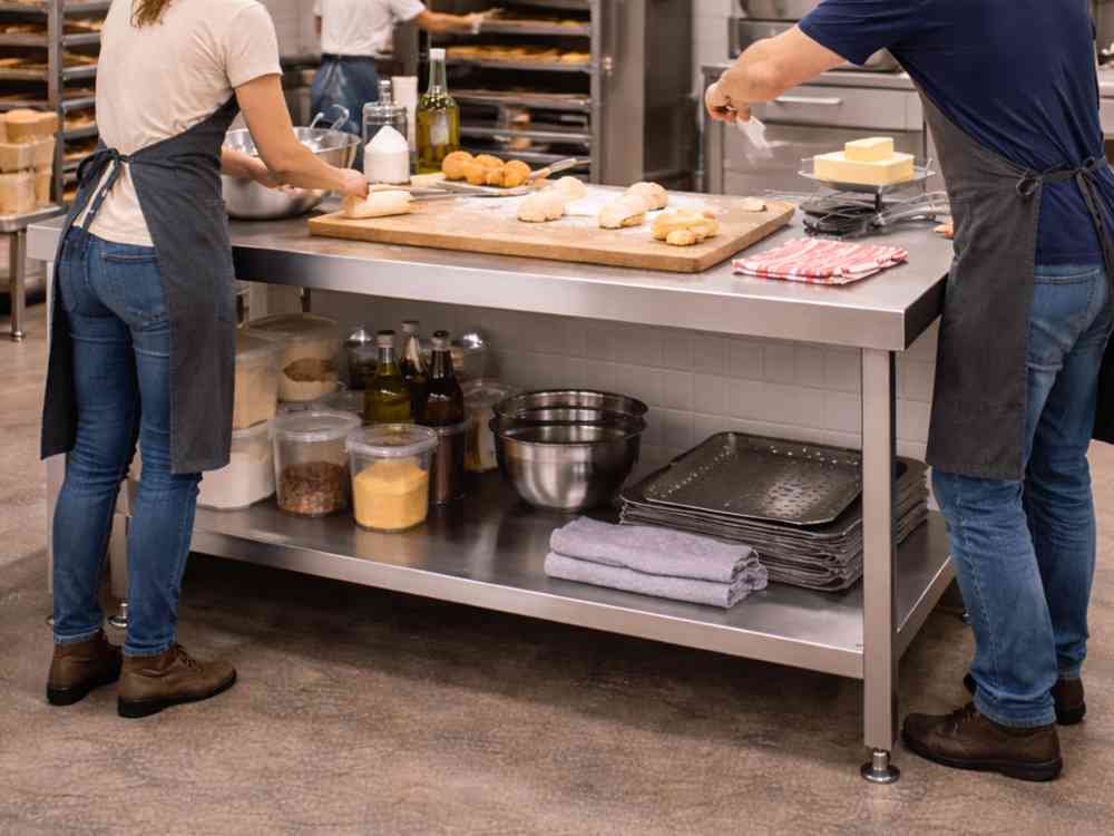 Edelstahl Arbeitstisch im Alltag einer Bäckerei