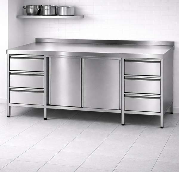 Edelstahl Arbeitstisch mit Flügeltürenund 6 Schubladen