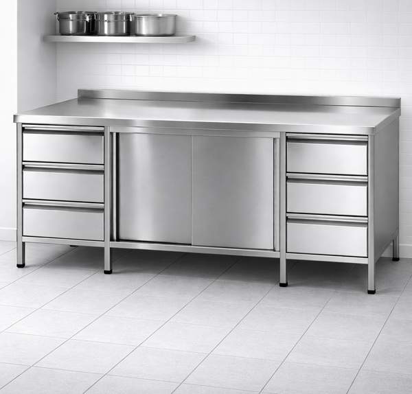Edelstahl Arbeitstisch mit Schiebetüren und 6 Schubladen