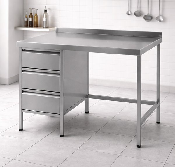 Arbeitstisch aus Edelstahl mit 3 Schubladen in der Bäckerei