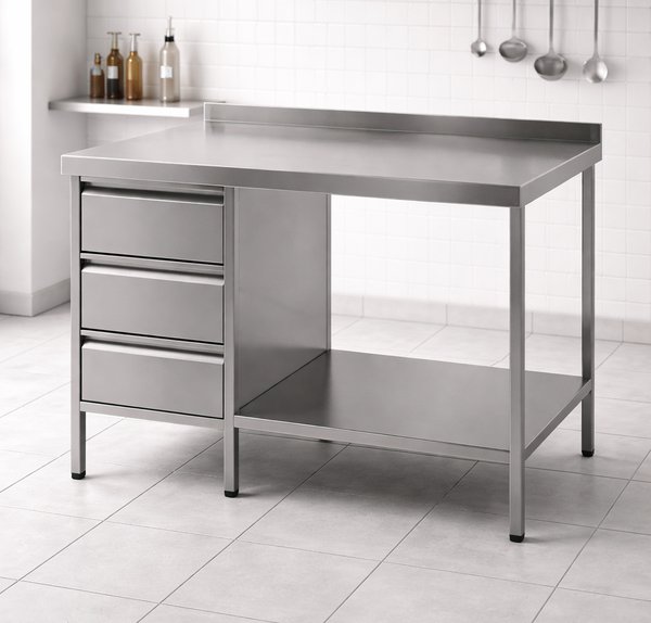 Edelstahl Arbeitstisch mit 3 Schubladen in der Bäckerei