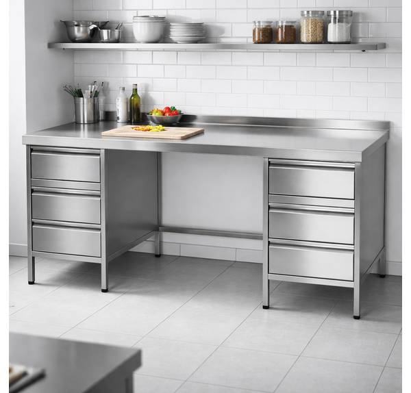 Edelstahl Arbeitstisch mit 6 Schubladen in der Bäckerei