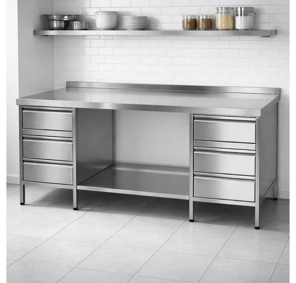 Edelstahl Arbeitstisch mit 6 Schubladen und Ablageboden in der Küche