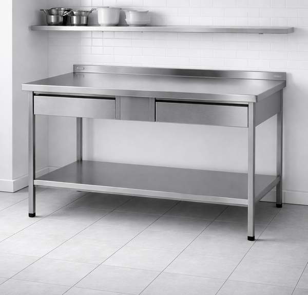 Edelstahl Arbeitstisch mit 2 Schubladen nebeneinander in der Gastronomie