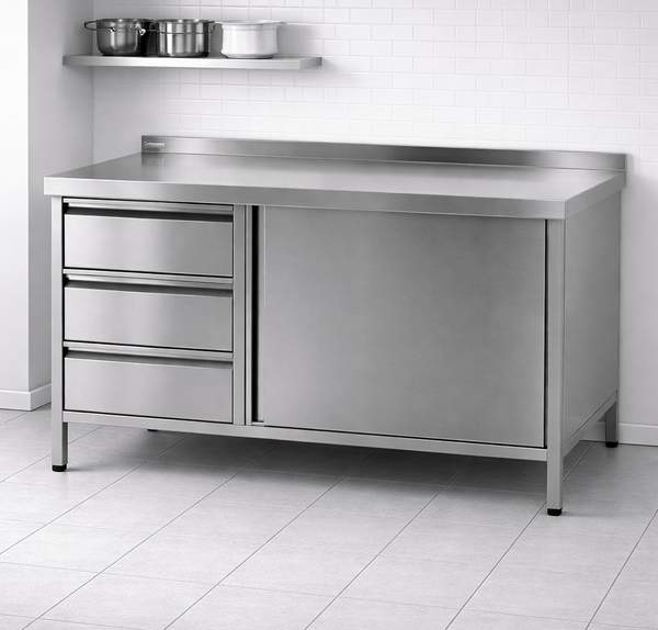 Edelstahl Arbeitstisch mit Flügeltüren und 3 Schubladen