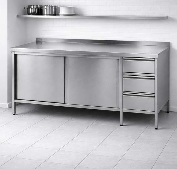 Edelstahl Arbeitstisch mit Schiebetüren und 3 Schubladen