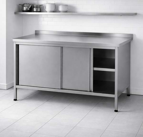 Edelstahl Arbeitstisch mit Schiebetüren