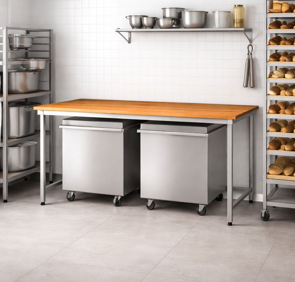 Edelstahl Arbeitstisch aus Buchenholz für Bäckerei