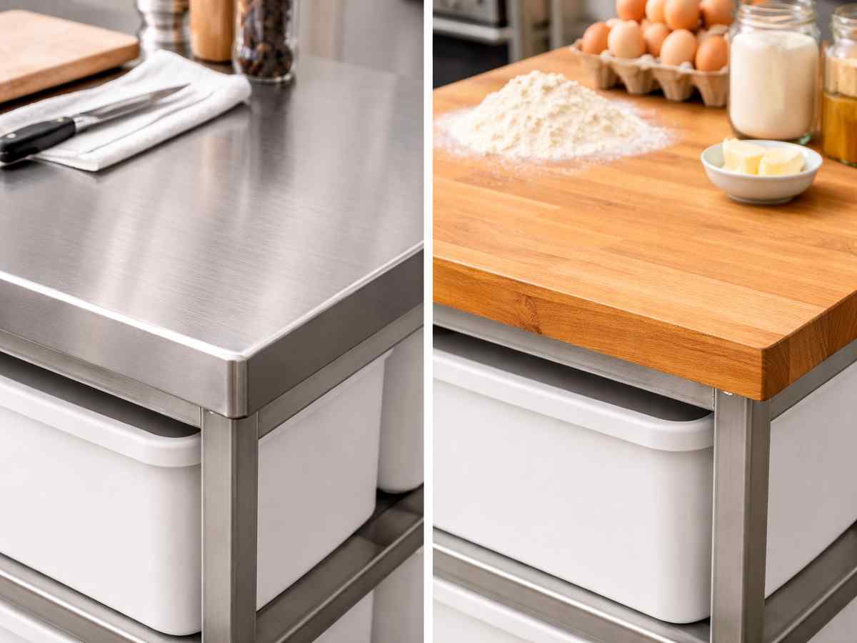 Edelstahl-Arbeitstisch verglichen mit Buchenholz Arbeitstisch und Edelstahlgestell