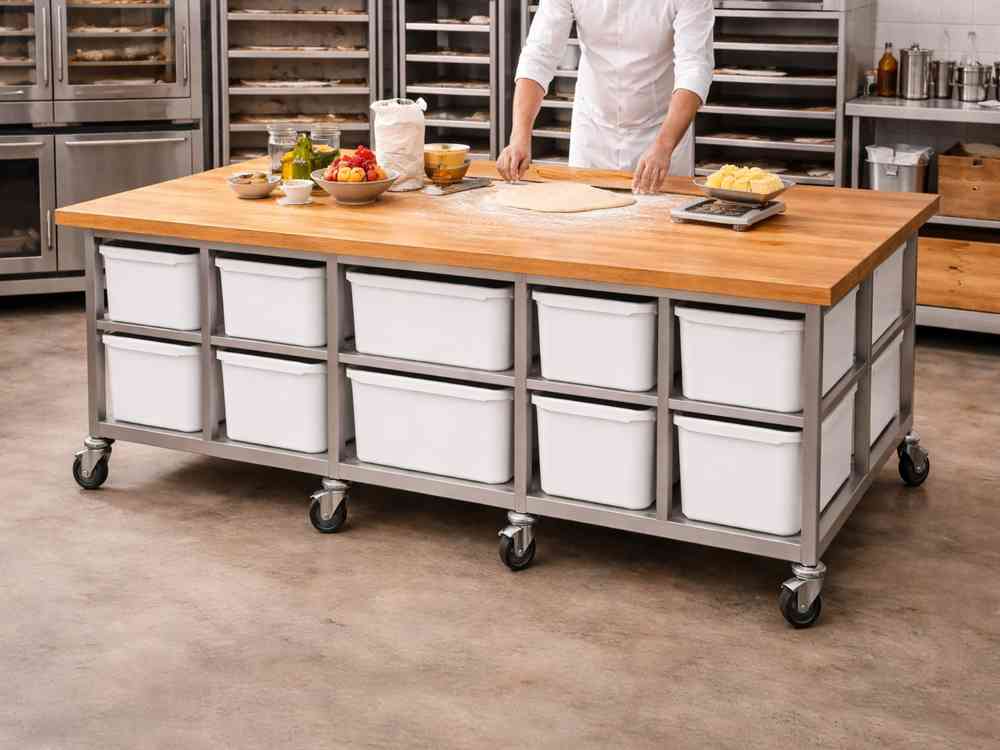 Edelstahl Arbeitstisch mit Buchenholztischplatte im Sondermaß