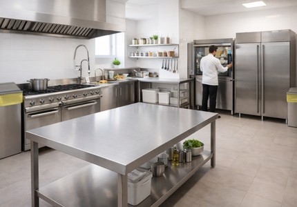 Edelstahlmöbel für Großküchen und Gastronomie mit Arbeitstischen und Spültischen