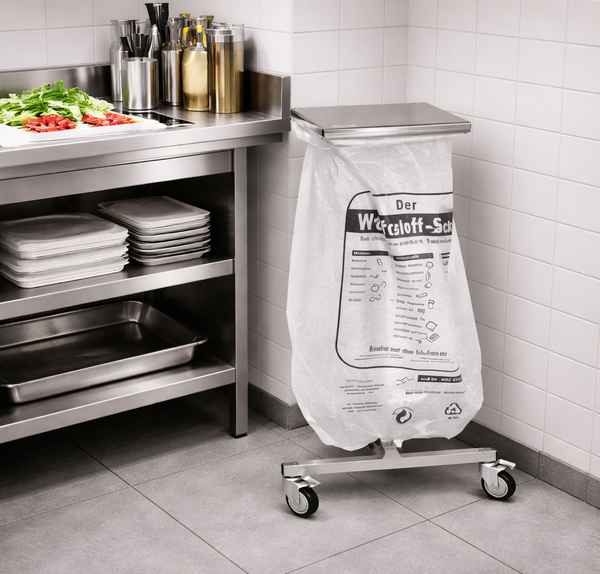Edelstahl Müllsackhalter für Bäckerei und Gastronomie in fahrbarer Variante