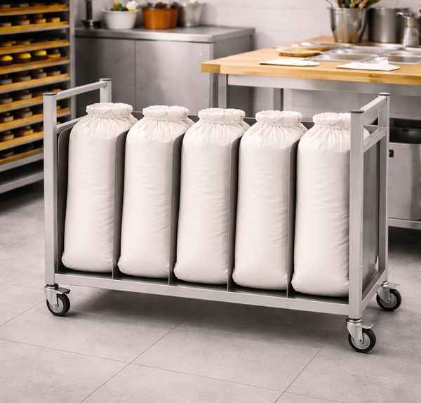 Sacktransporter aus Edelstahl für 5 Zutatensäcke
