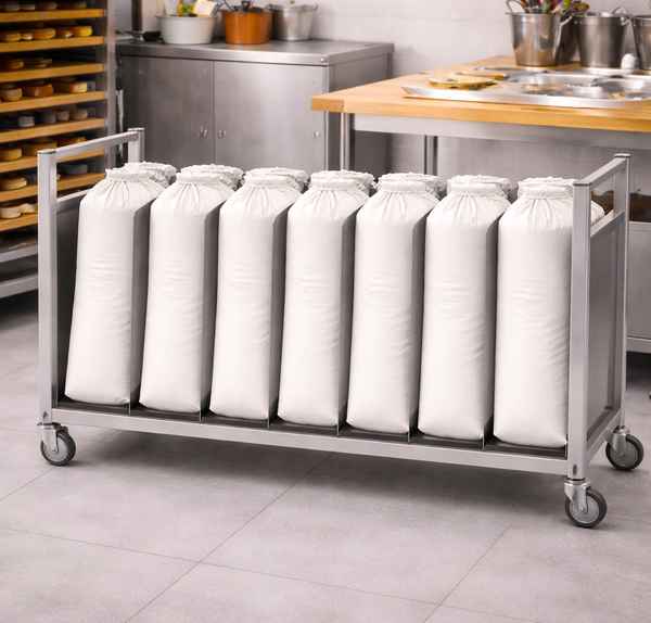 Edelstahl Sacktransportwagen für 7 Säcke in der Bäckerei